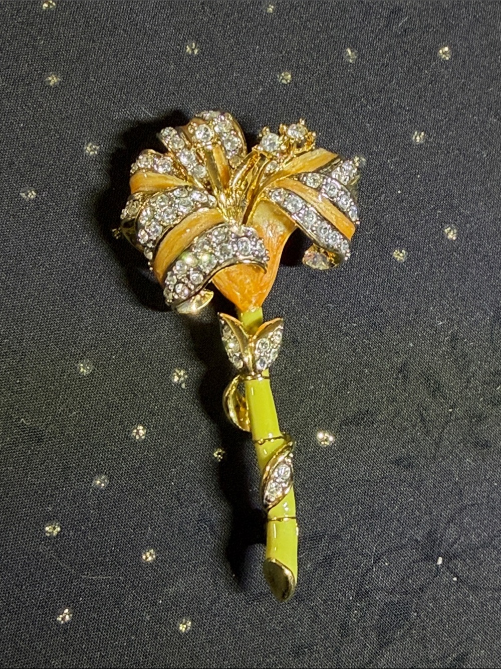 Nolan Miller Gold-Tone Orange & Lime Green Enamel Crystal Flower Brooch